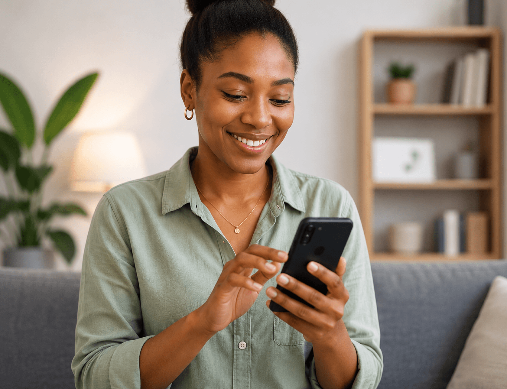 Woman using mobile phone securely